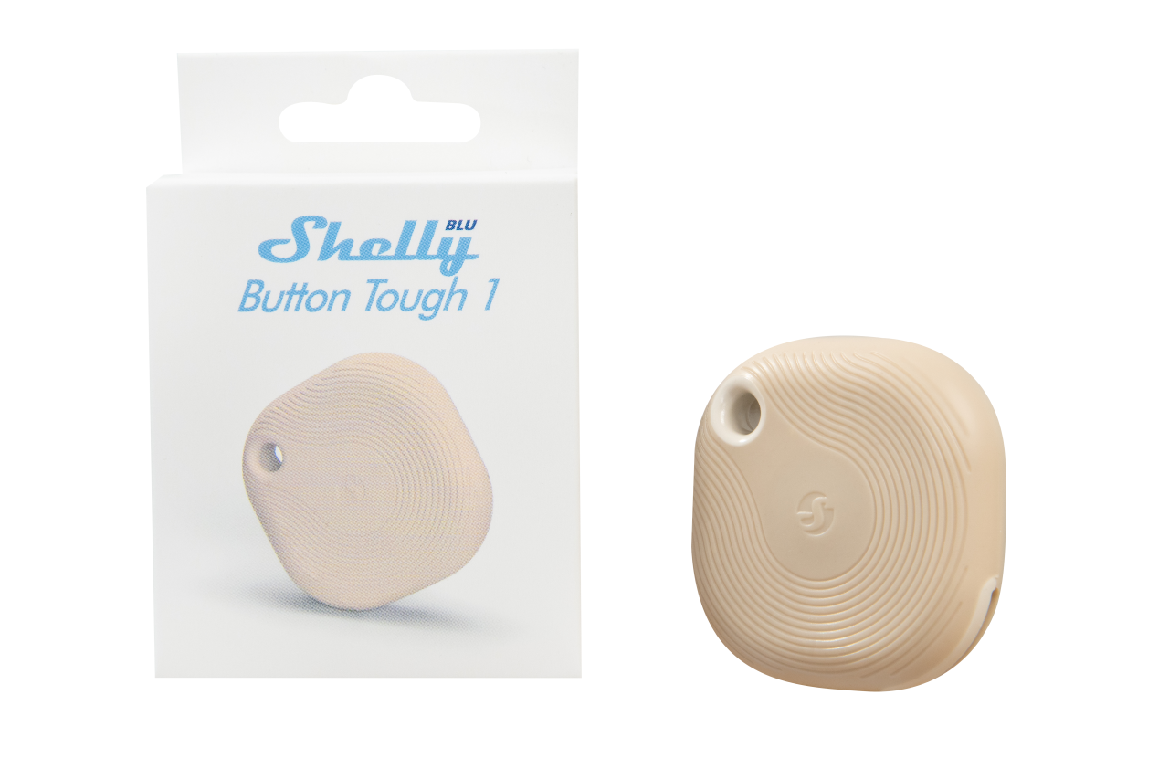 Shelly · Plug & Play · \"Blu Button Tough Mocha\" · Schalter & Dimmer · Bluetooth · Batterie · Dunkelbeige