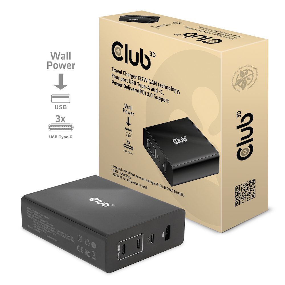 Club 3D Netzteil USB Typ A & C  4-fach 132W