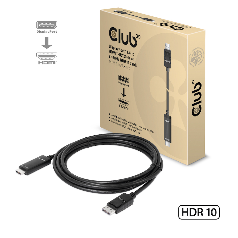 Kabel Video DisplayPort 1.4 => HDMI 4K120Hz oder 8K60Hz HDR10 ST/ST  3,0m *Club3D*
