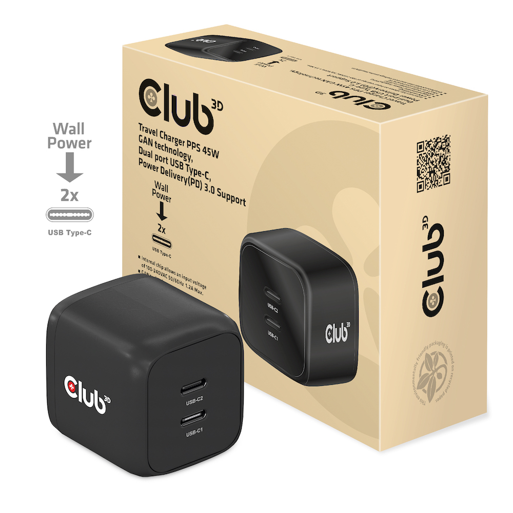 Club 3D Reiseladegerät PPS 45W GAN-Technologie, Dualer Anschluss USB Typ-C, Power Delivery(PD) 3.0 Unterstützung *schwarz*