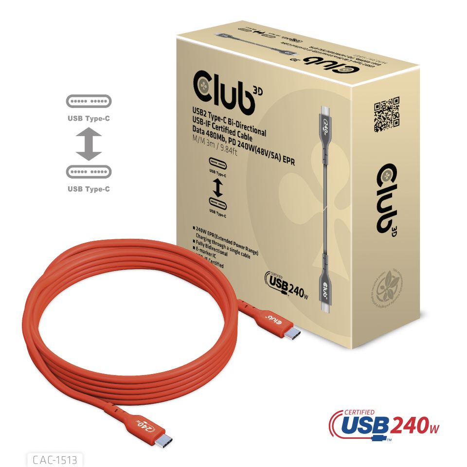 Kabel USB 2.0 C (St) => C (St) 3,0m *Club 3D* Bi-Direktional 240W