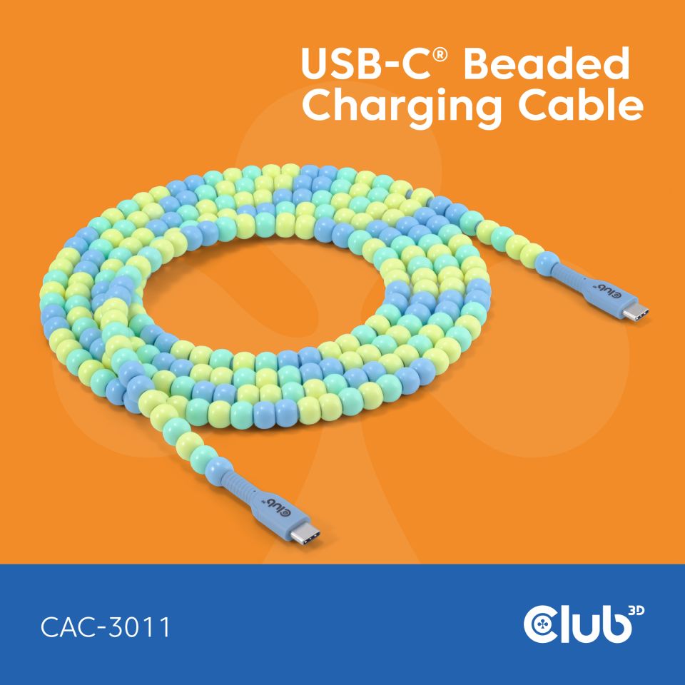Kabel USB 2.0 C (St) => C (St)  2,0m *Club3D* - LIFESTYLE Perlen Kabel *blau*