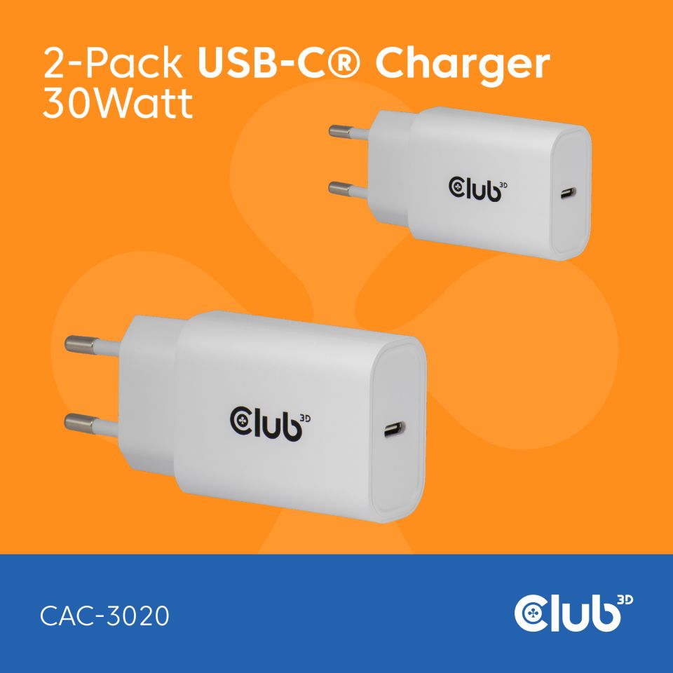 Club 3D Netzteil USB Typ C  1-fach  30W LIFESTYLE *weiß* 2-Pack