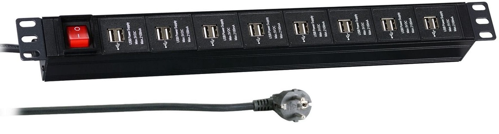 ALLNET 19zbh. Steckdosenleiste, 16xDosen(USB)->Stecker(CEE7), mit Schalter, Schwarz,
