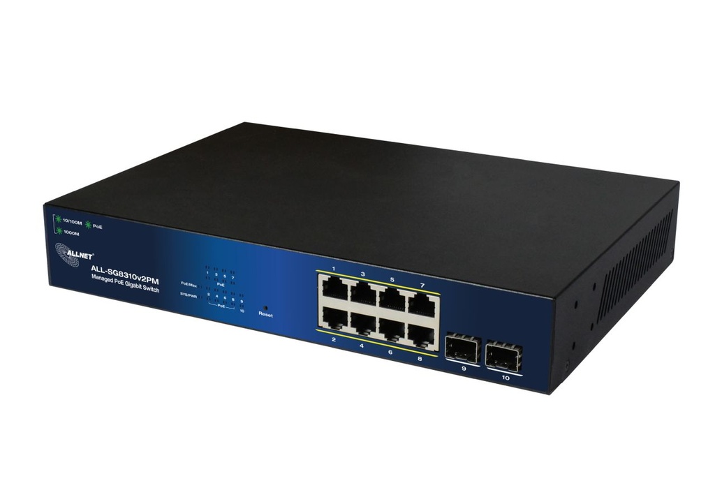 ALLNET Switch smart managed Layer2 10 Port • PoE Budget 140W • 8x PoE at • 2x SFP • 19 • Fanless • ALL-SG8310v2PM