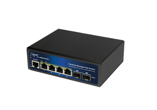 [ALL-SGI8106PMJ-BT] ALLNET Switch industrial full managed Layer2+  6 Port GbE • PoE Budget 360W • 4x PoE bt • 2x SFP • Fanless • DIN • ALL-SGI8106PMJ-BT
