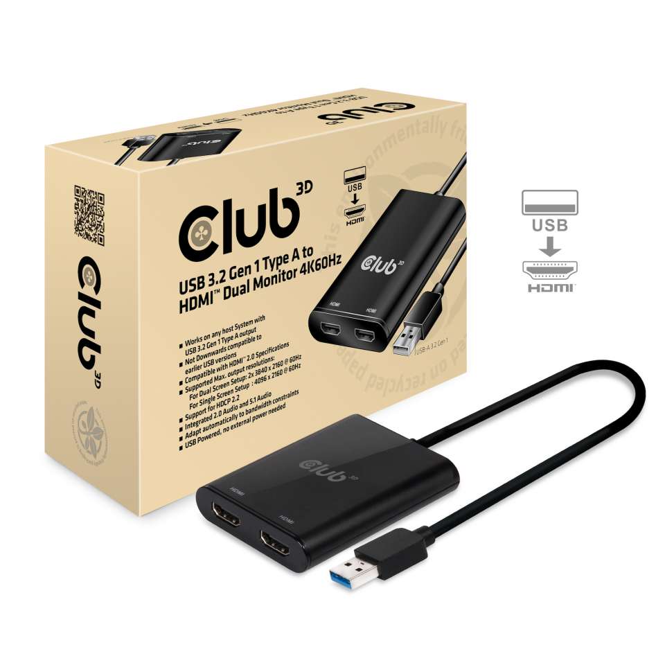 Club 3D Adaptateur USB-A 3.2 vers HDMI 2.0, double écran, 4K60Hz